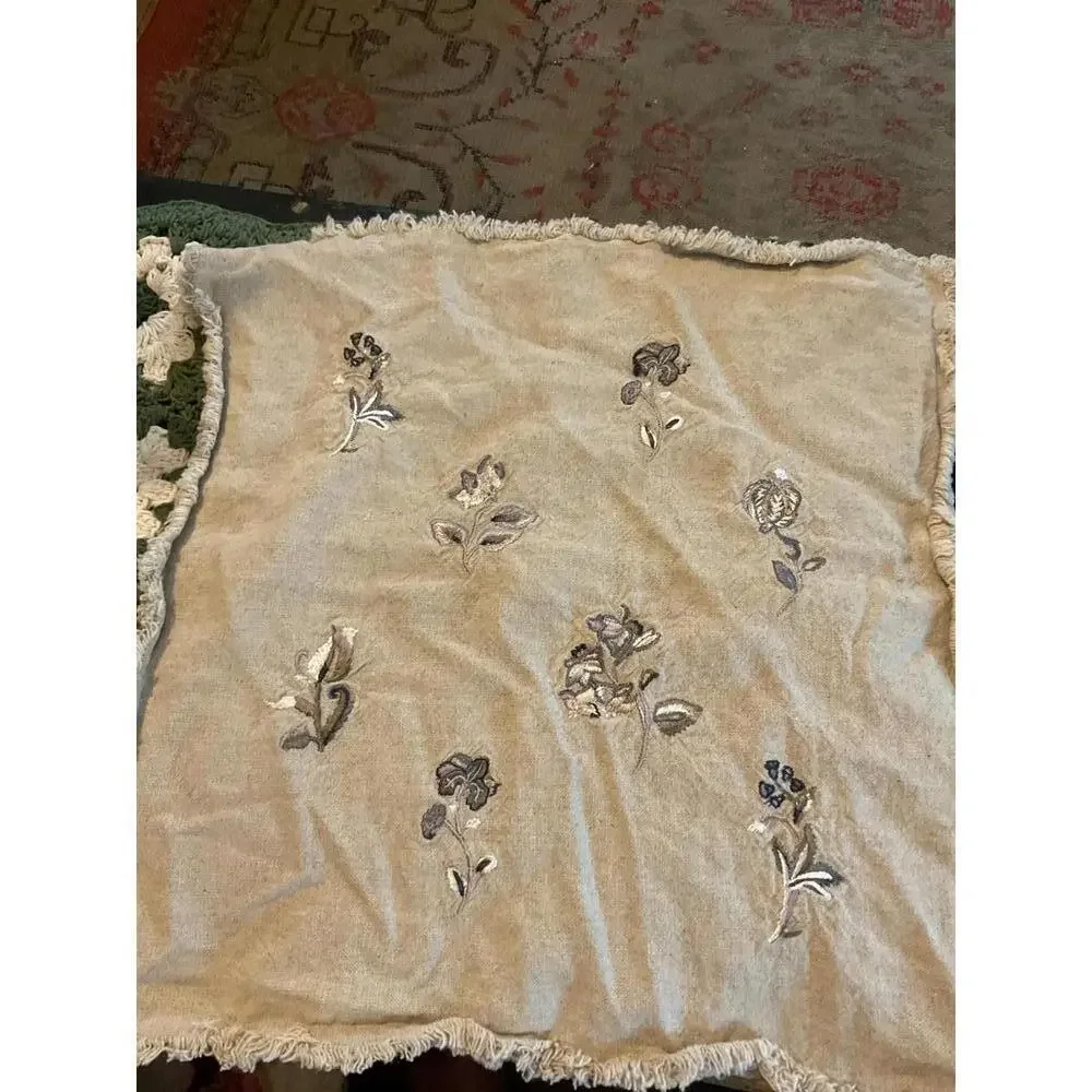 Linen Floral Embroidered  Square Pillow Cover